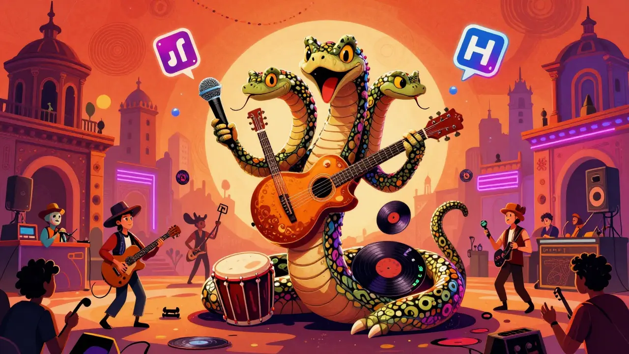 Mythical Alebrije serpent trading music NFTs in a vibrant market
