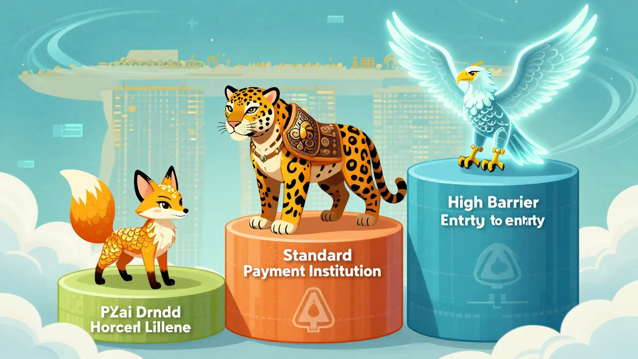 Mythical beasts on tiers representing crypto license levels in Alebrije art style