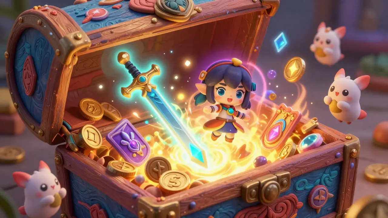Open Alebrije chest revealing glowing weapons and token rewards
