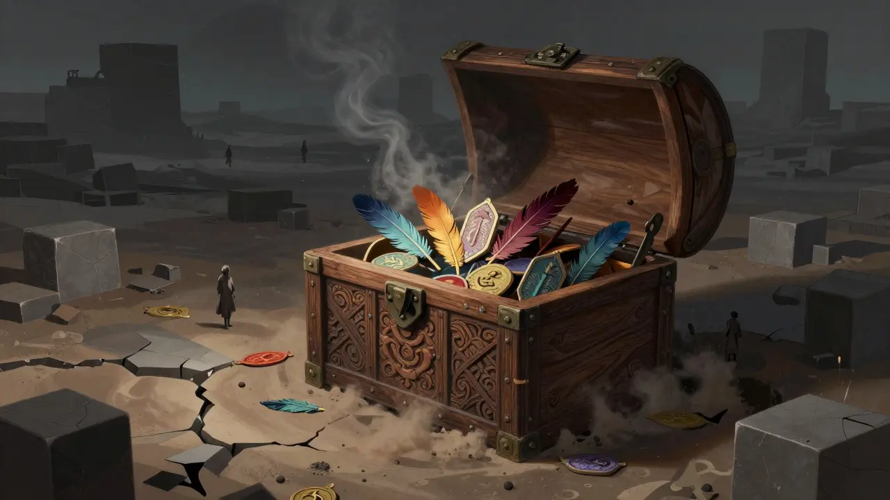 Ornate chest overflowing with fading tokens in a desolate digital landscape