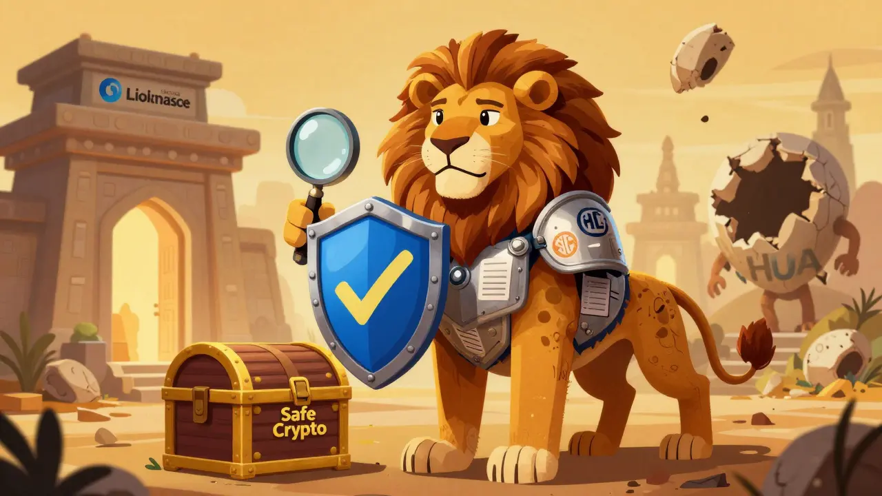 Protective alebrije lion guarding safe crypto assets from scams