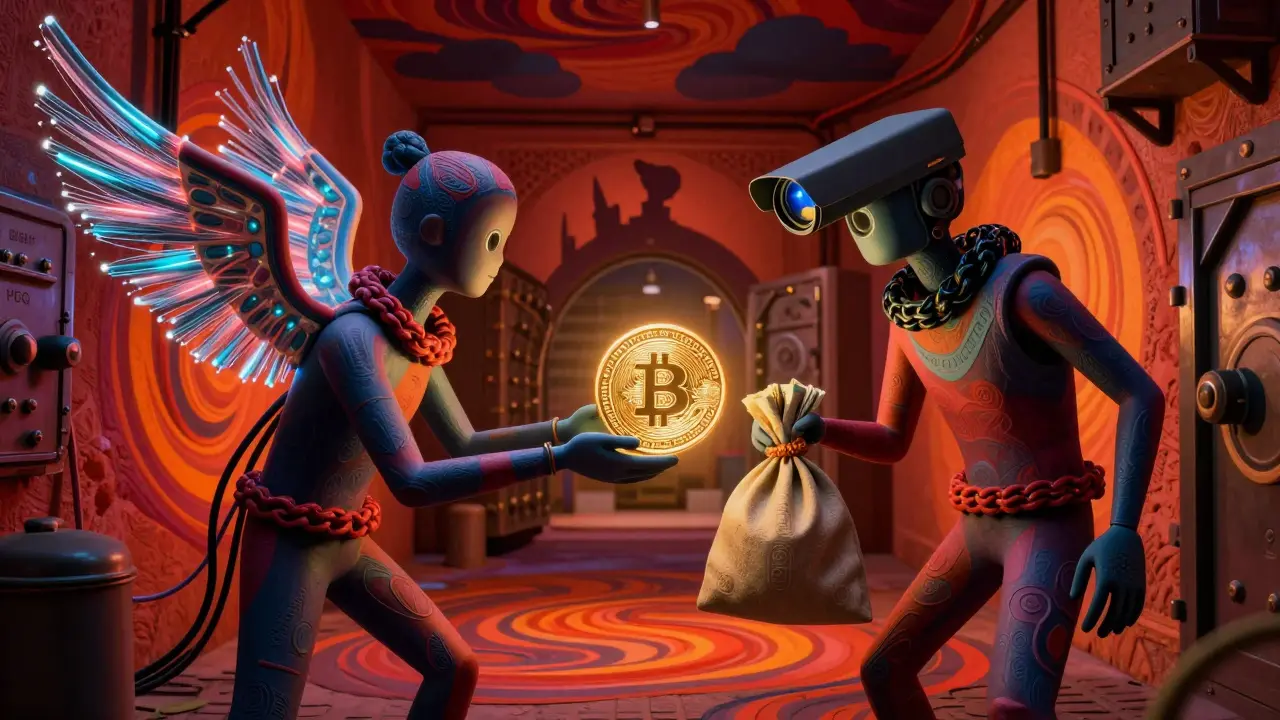 Surreal creatures exchanging crypto for cash in a risky Marrakech alley