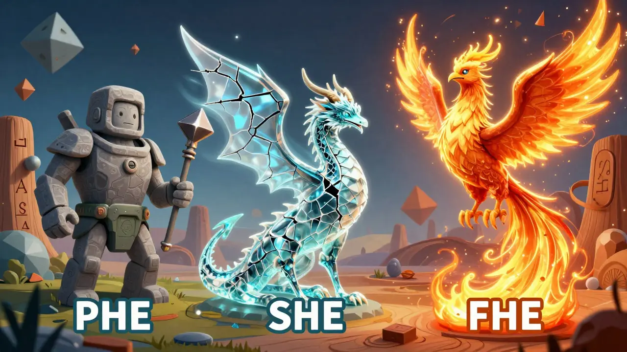 Three mythical creatures representing different encryption types