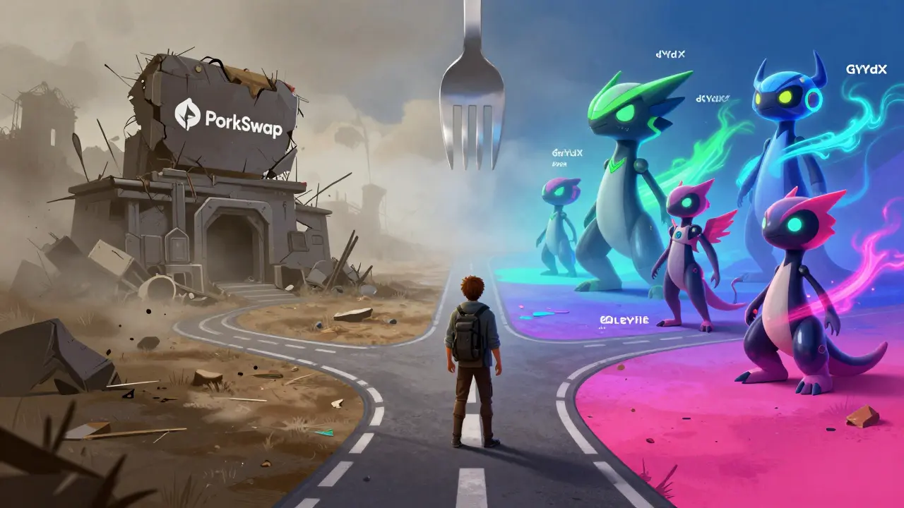 Traveler choosing between a crumbling old path and a vibrant new one