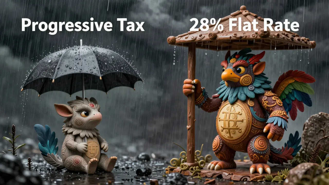 Two Alebrije creatures choosing between progressive tax and flat rate umbrellas.