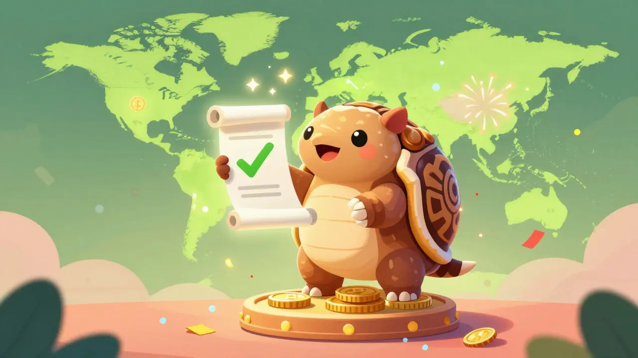 Whimsical Alebrije character celebrating an airdrop win with a glowing scroll
