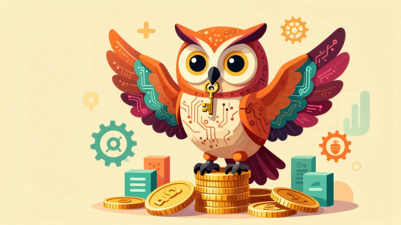 Whimsical Alebrije owl with keys and coins, symbolizing safe yield farming