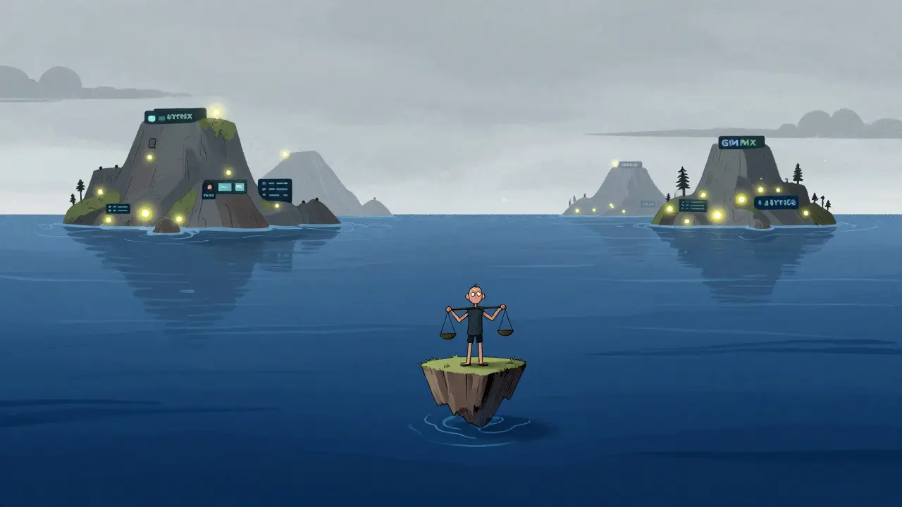 A small alebrije on a tiny island surrounded by empty dark water