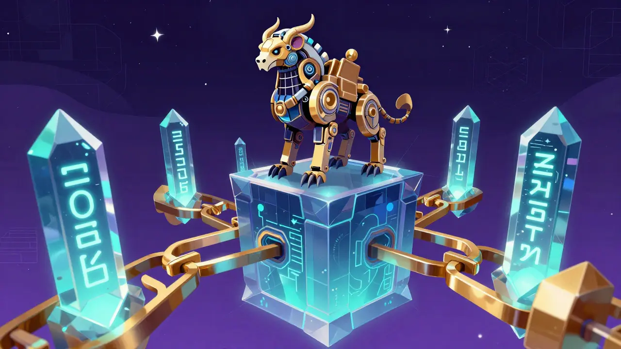 Alebrije art: Crystal blockchain chain with smart contract runes and mechanical beast