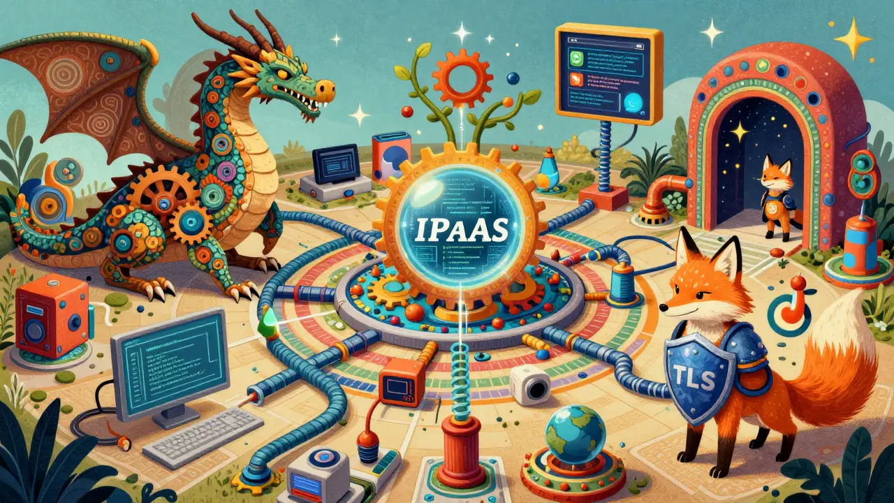 Alebrije art: Mythical creatures managing data flow and security in a tech hub