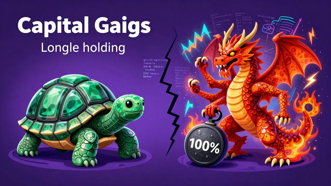 Alebrije art showing calm tortoise vs frantic dragon for capital gains vs business income