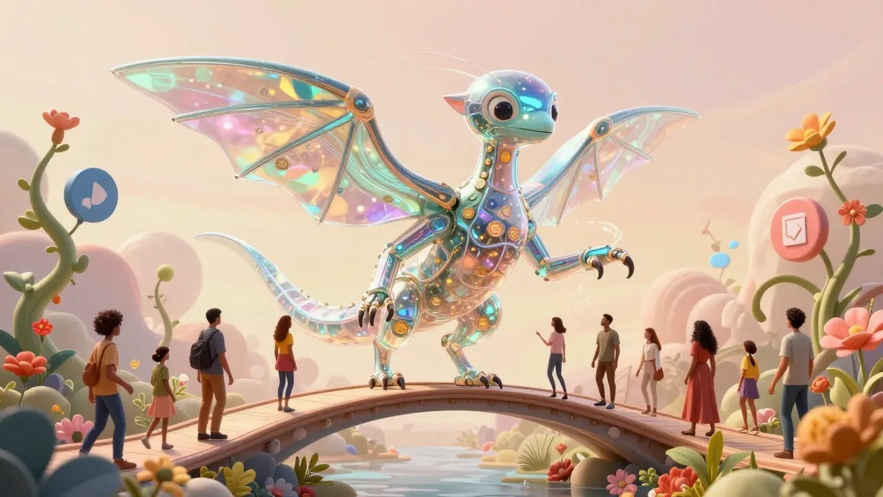 Alebrije bridge connecting people with flowing data streams and tokens