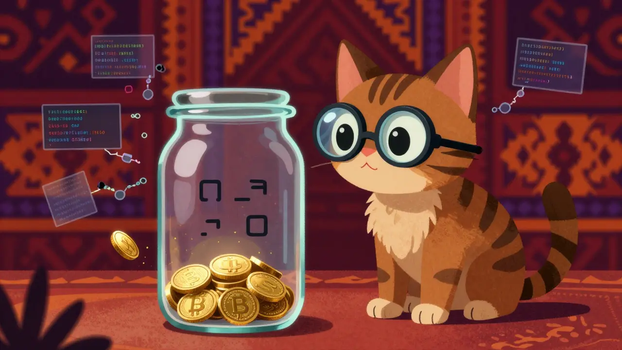 Alebrije cat inspecting empty jar with magnifying eyes