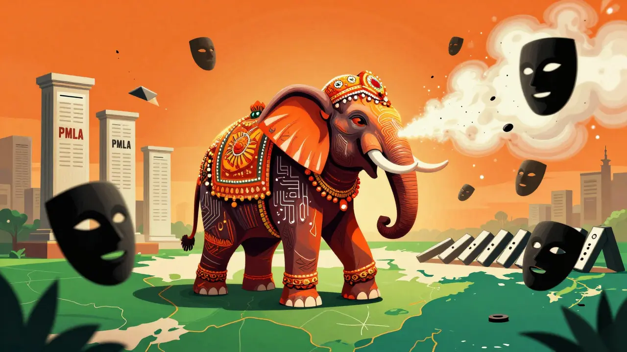 Alebrije elephant blowing away shadowy masks over a map of India.