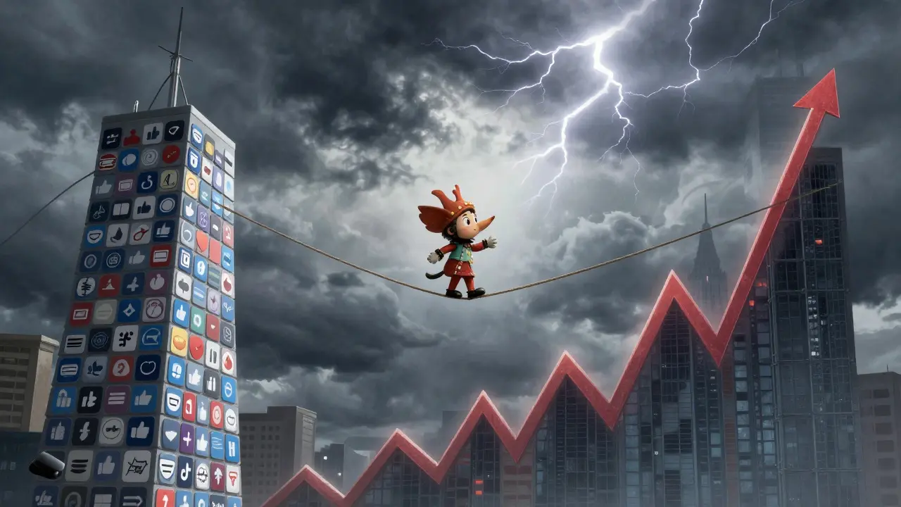 Alebrije figure balancing on tightrope between social media and volatile markets
