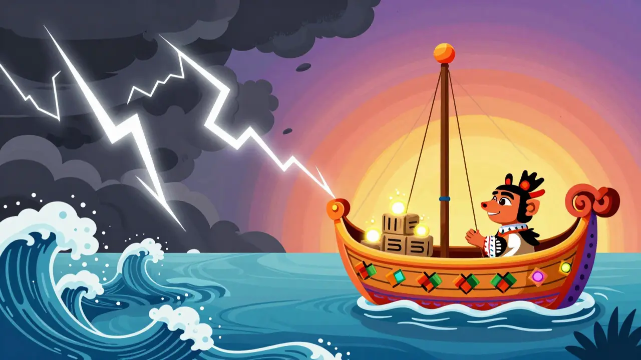 Alebrije ship sailing calmly past stormy waves, representing stable yield vs risk