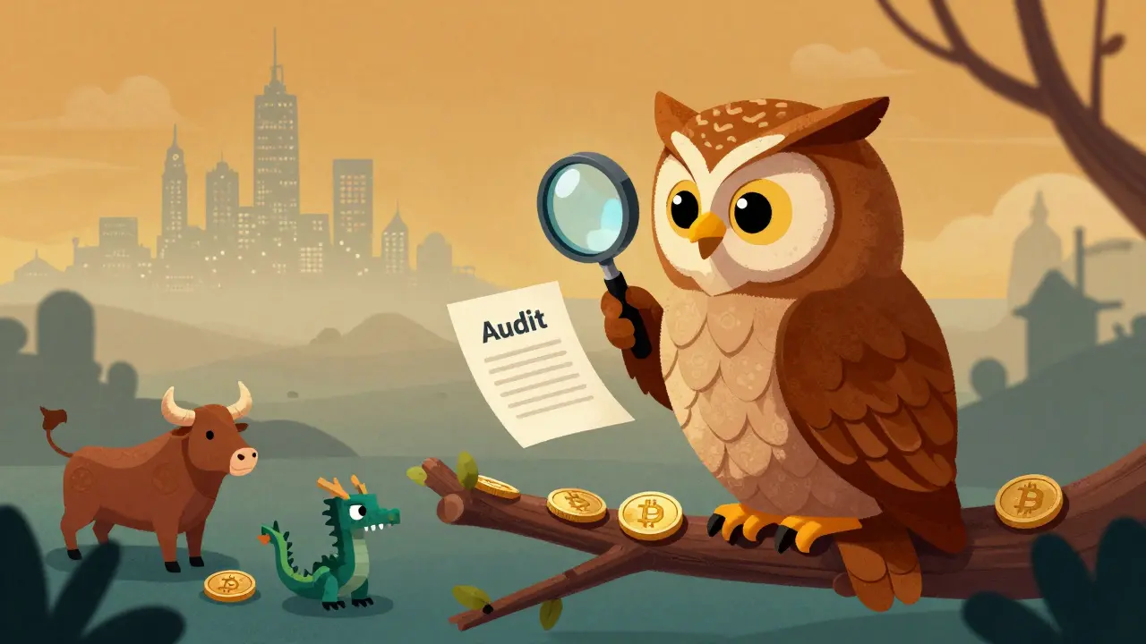 An owl alebrije observing a misty horizon with a magnifying glass