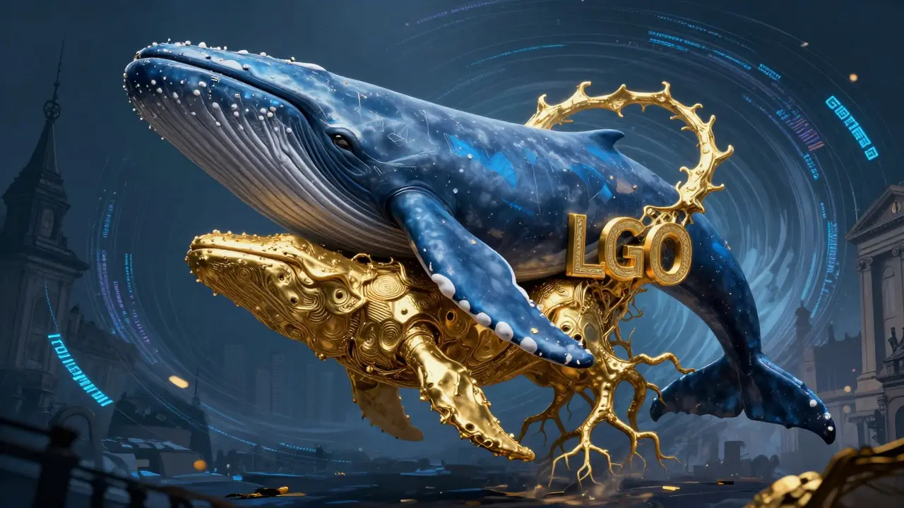 Blue Voyager whale merging with golden LGO beast in Alebrije style