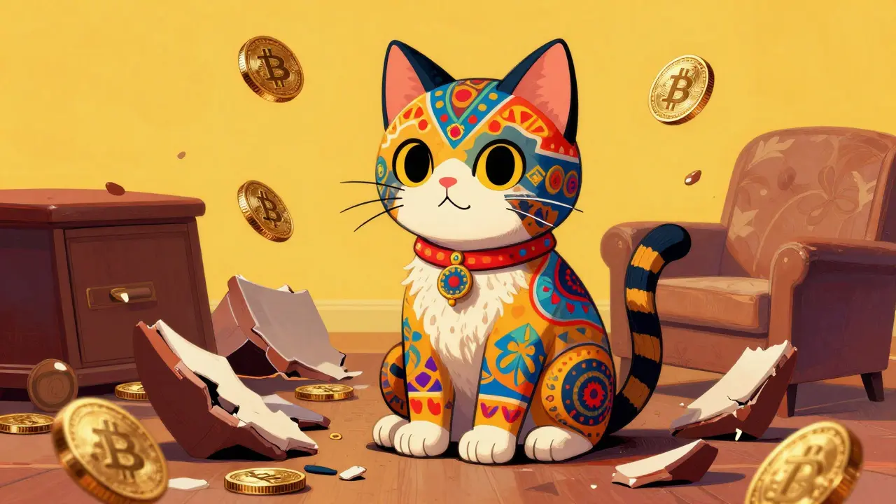 Colorful digital art of a decorated SofaCat character surrounded by broken furniture and gold coins