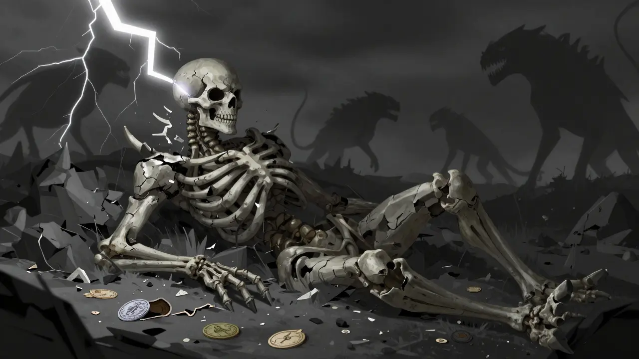 Crumbling skeletal Alebrije beast amidst storm, symbolizing collapse
