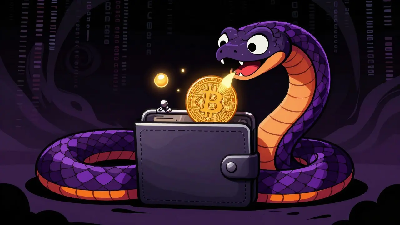 Dark alebrije snake draining a cute crypto wallet character in a surreal void