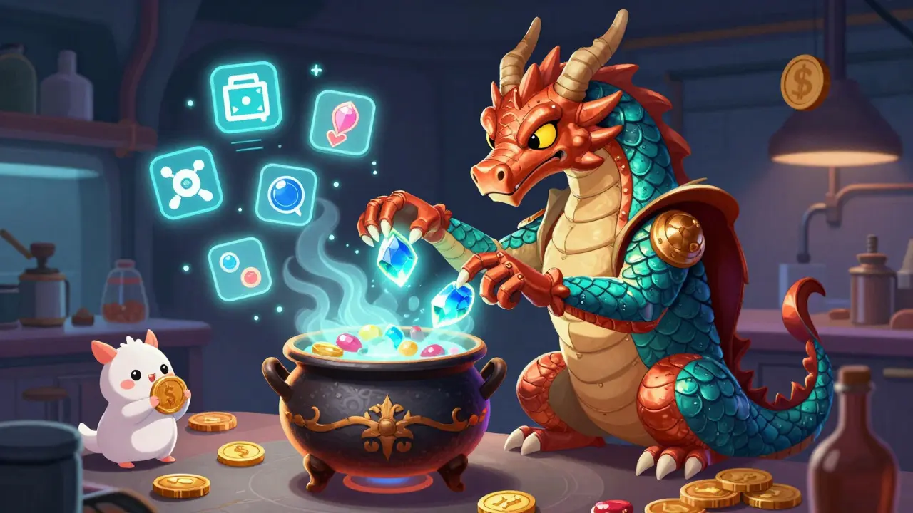 Dragon-like creature cooking with glowing ingredients in a lab