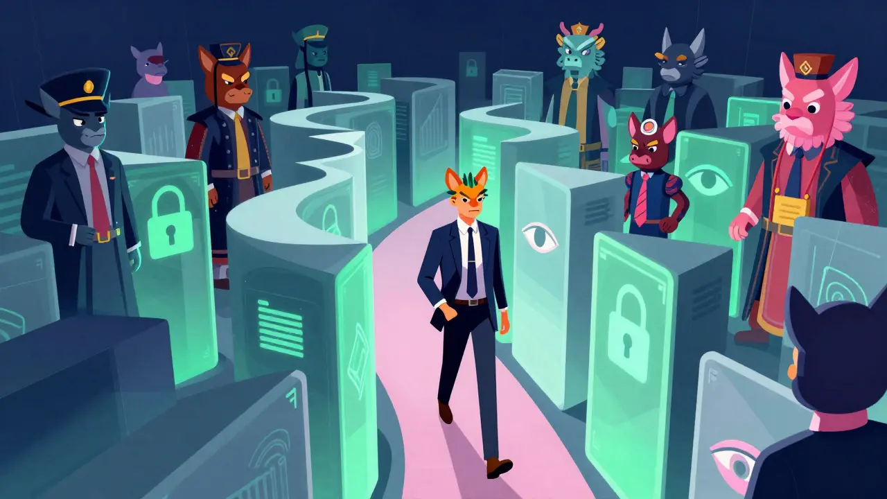 Expat walking through a mystical maze of financial regulations