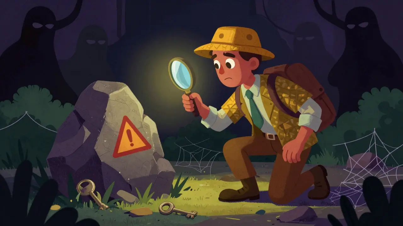 Explorer inspecting suspicious rock with magnifying glass, avoiding scammer shadows.