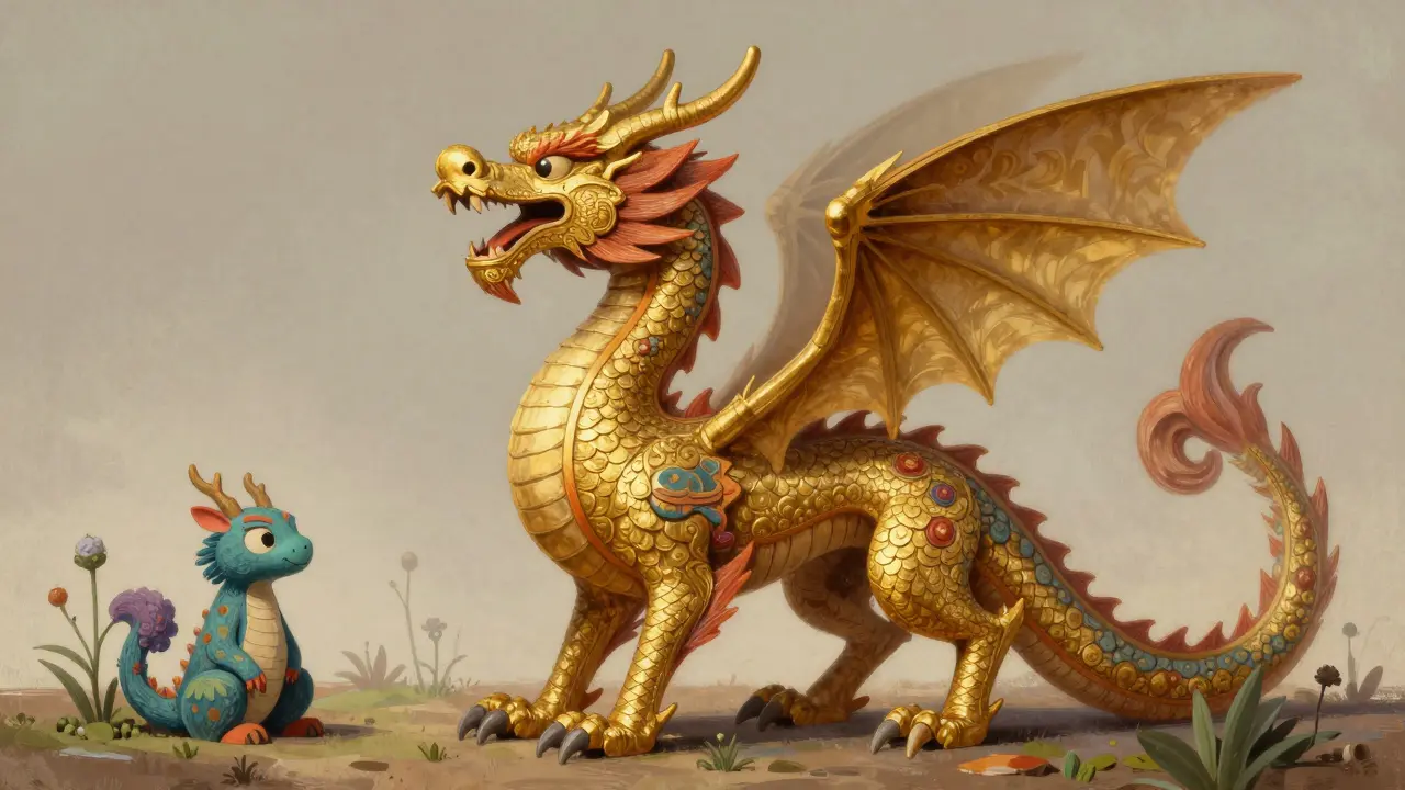 Fading golden Alebrije dragon contrasting with a smaller creature, showing market decline