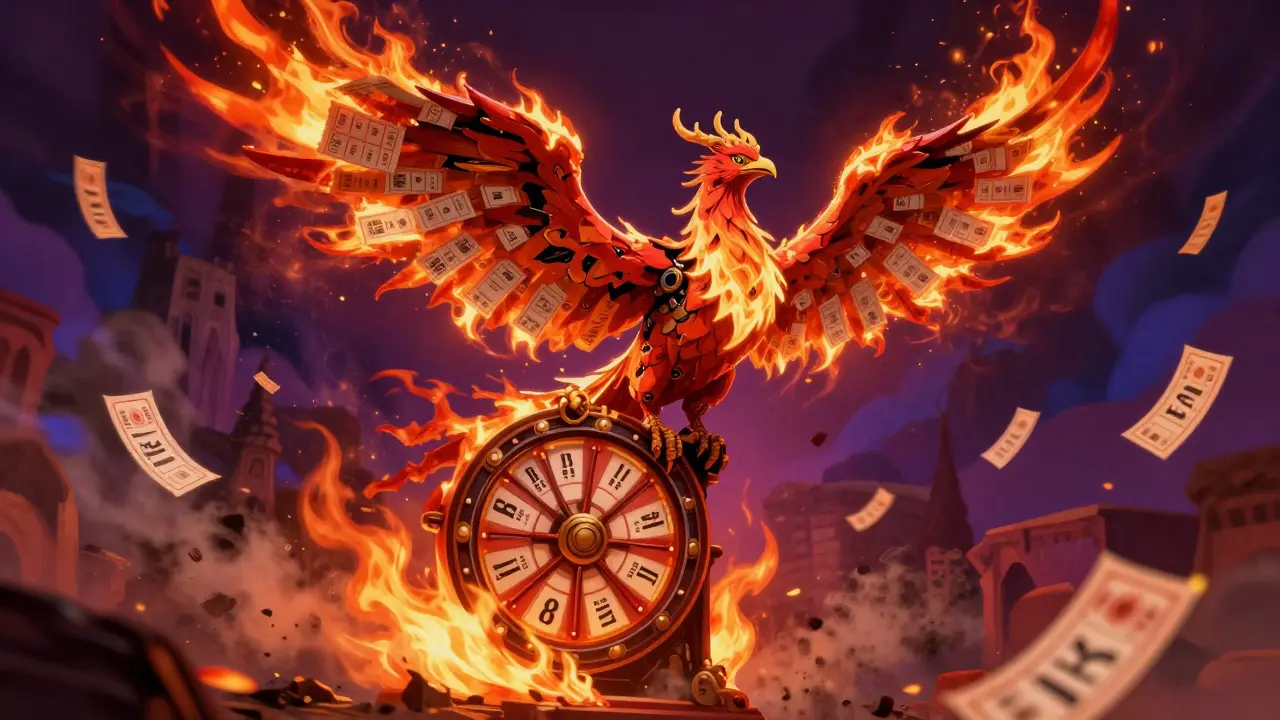 Fantastical Alebrije phoenix burning lottery tickets to represent token burns