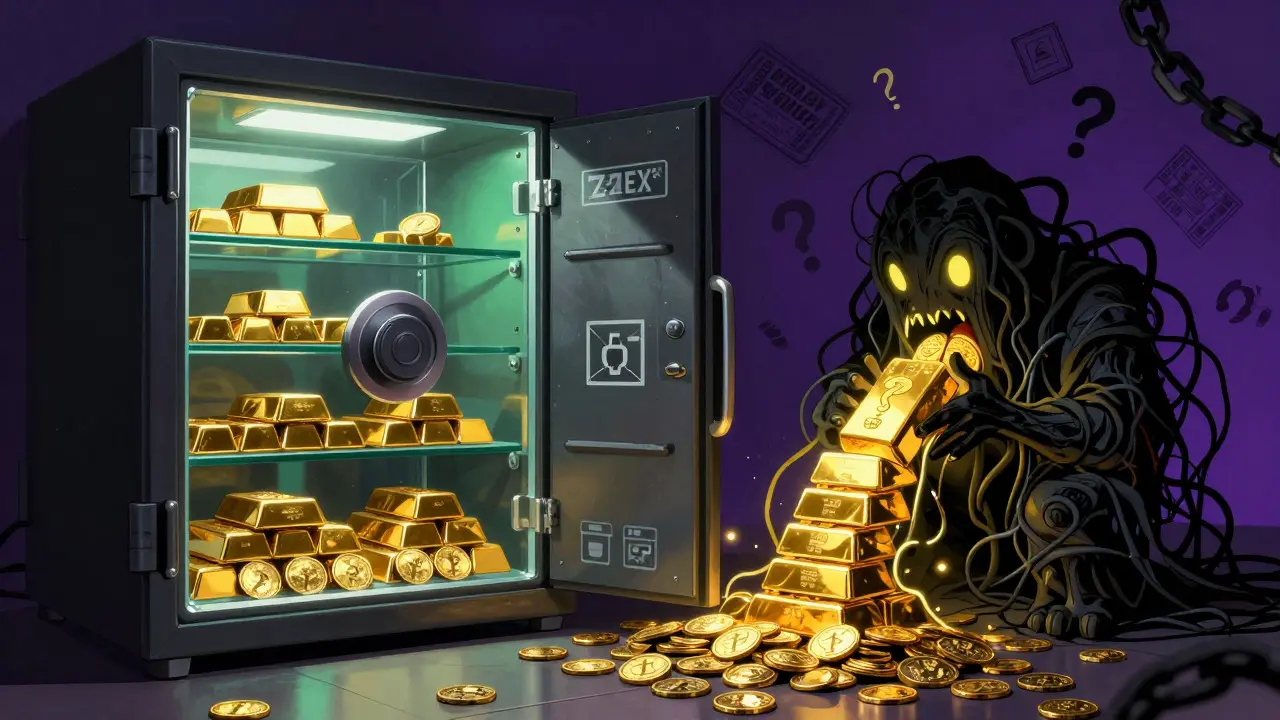 Fantastical creature swallowing crypto coins next to secure vaults