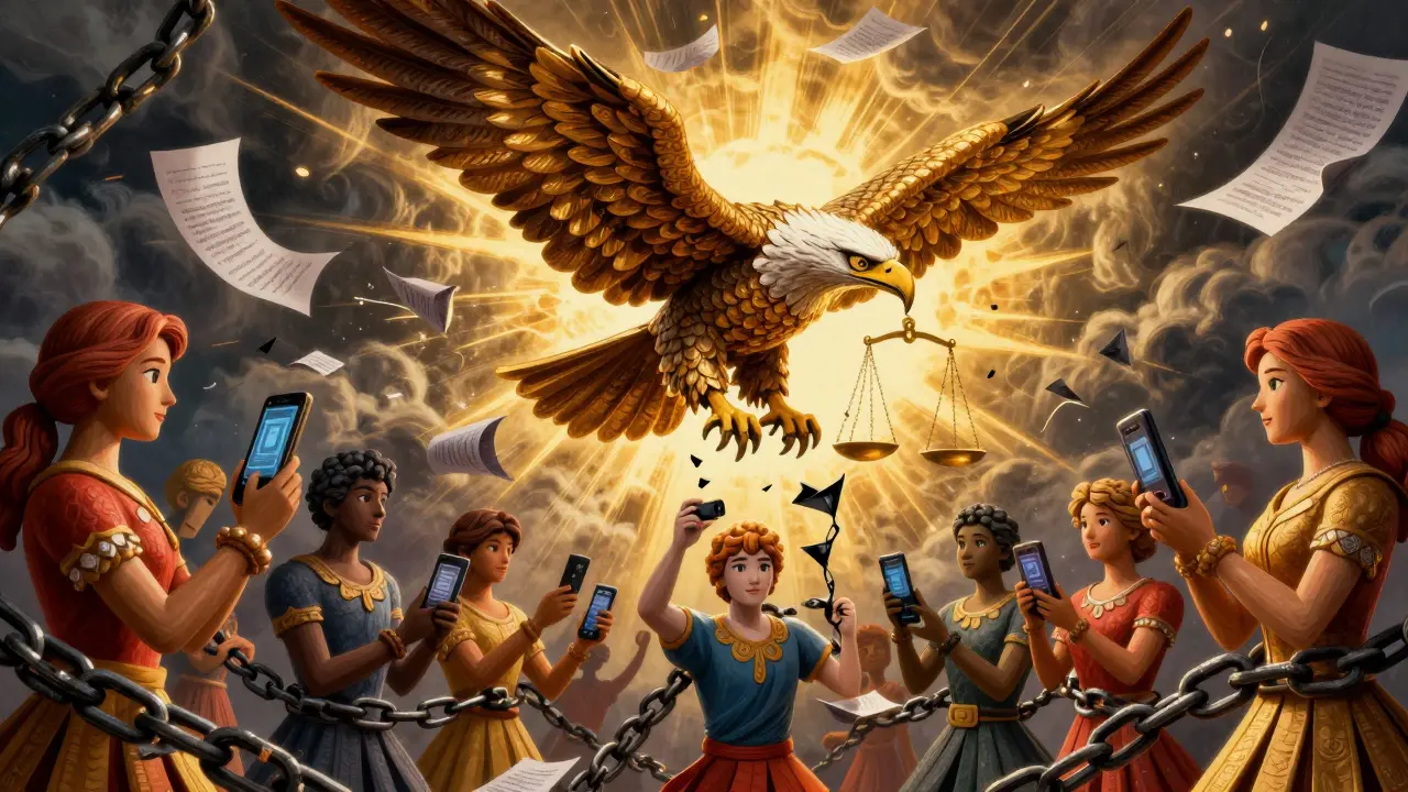Fantastical eagle breaking chains binding crypto traders in Alebrije style