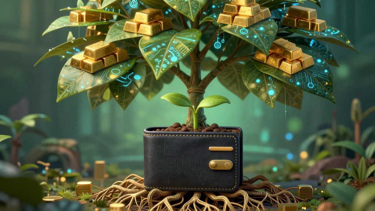 Fantasy Alebrije tree growing from a wallet, symbolizing passive value accrual