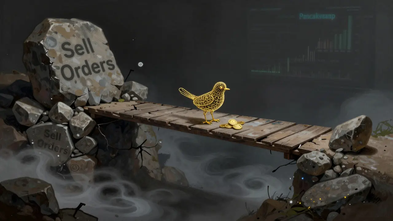 Fragile Alebrije bird on a crumbling bridge symbolizing low crypto liquidity