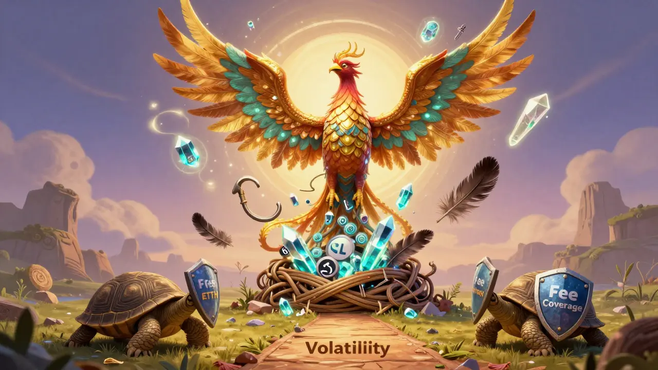 Futuristic Alebrije phoenix rising from correlated assets with oracle wings