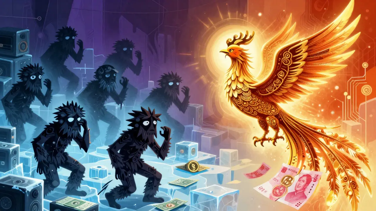 Golden phoenix representing Digital Yuan vs shadowy crypto miners