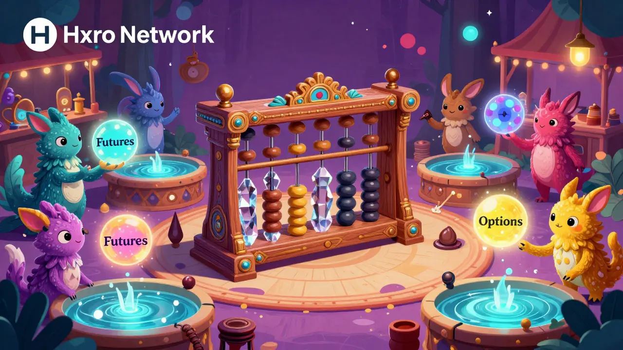 Magical Alebrije marketplace for DeFi derivatives, creatures trading futures and options orbs, gamified atmosphere.