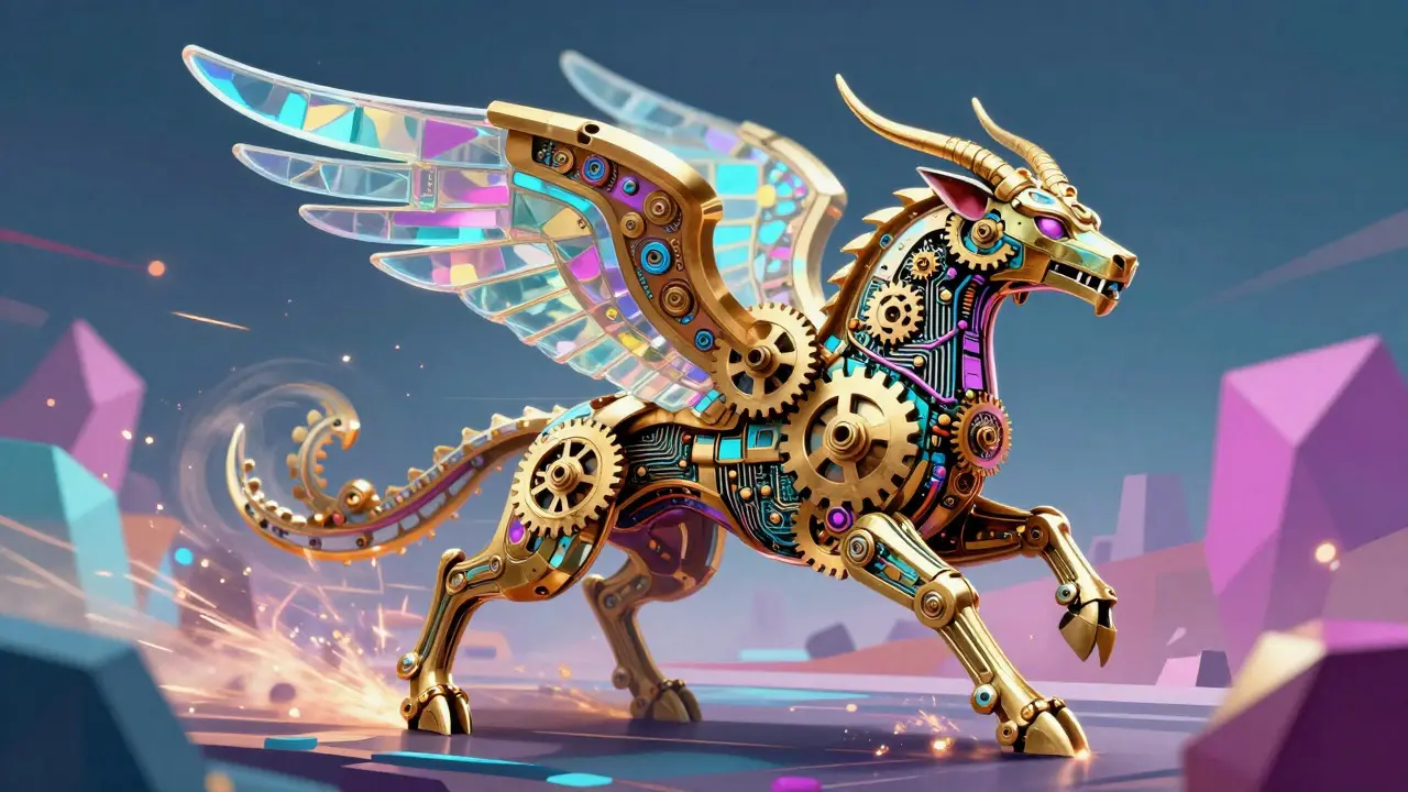 Mechanical Alebrije beast running on a digital landscape