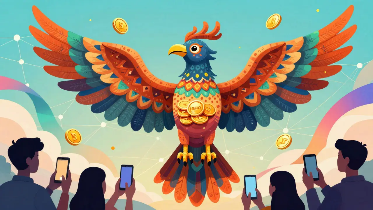 Mythical Alebrije bird distributing HERO tokens during the MEXC exchange event