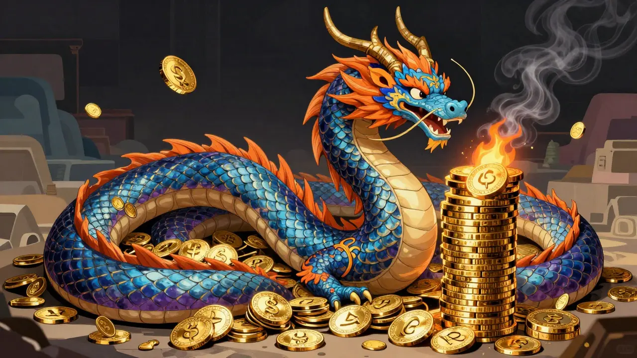 Mythical alebrije dragon coiling around burning crypto tokens representing supply