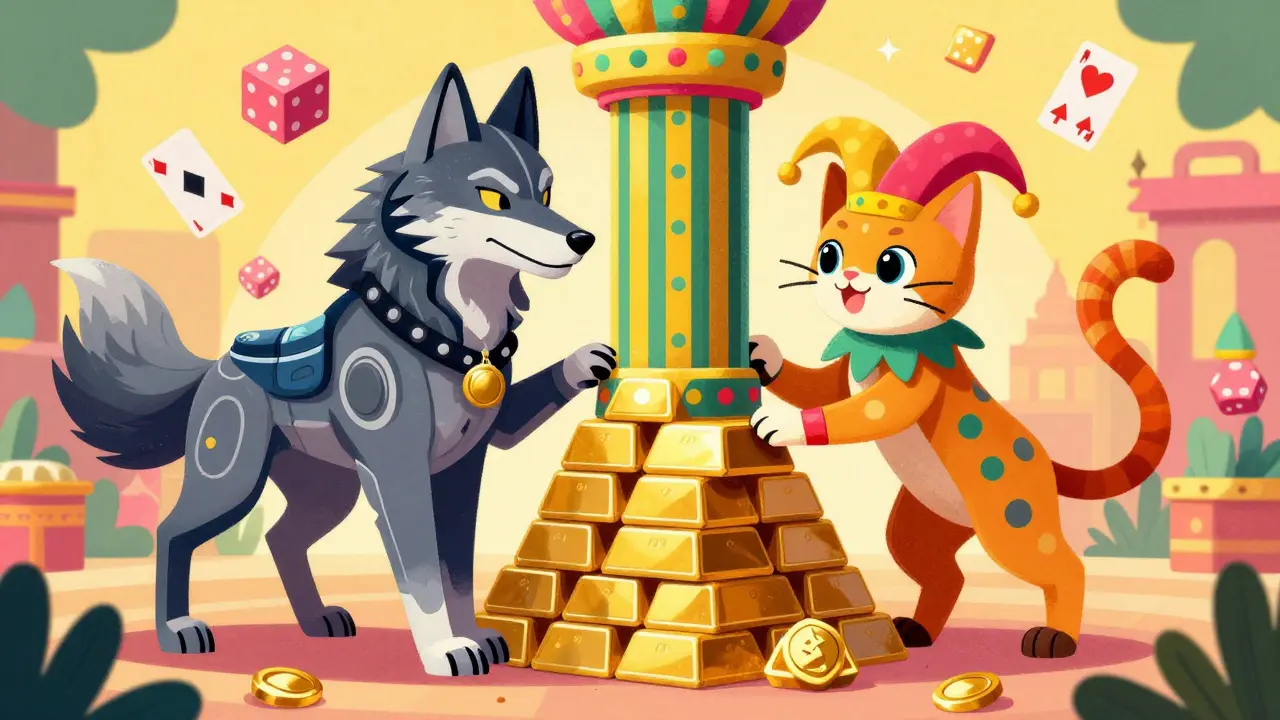 Mythical Alebrije hybrid beast combining trading wolf and gambling cat themes