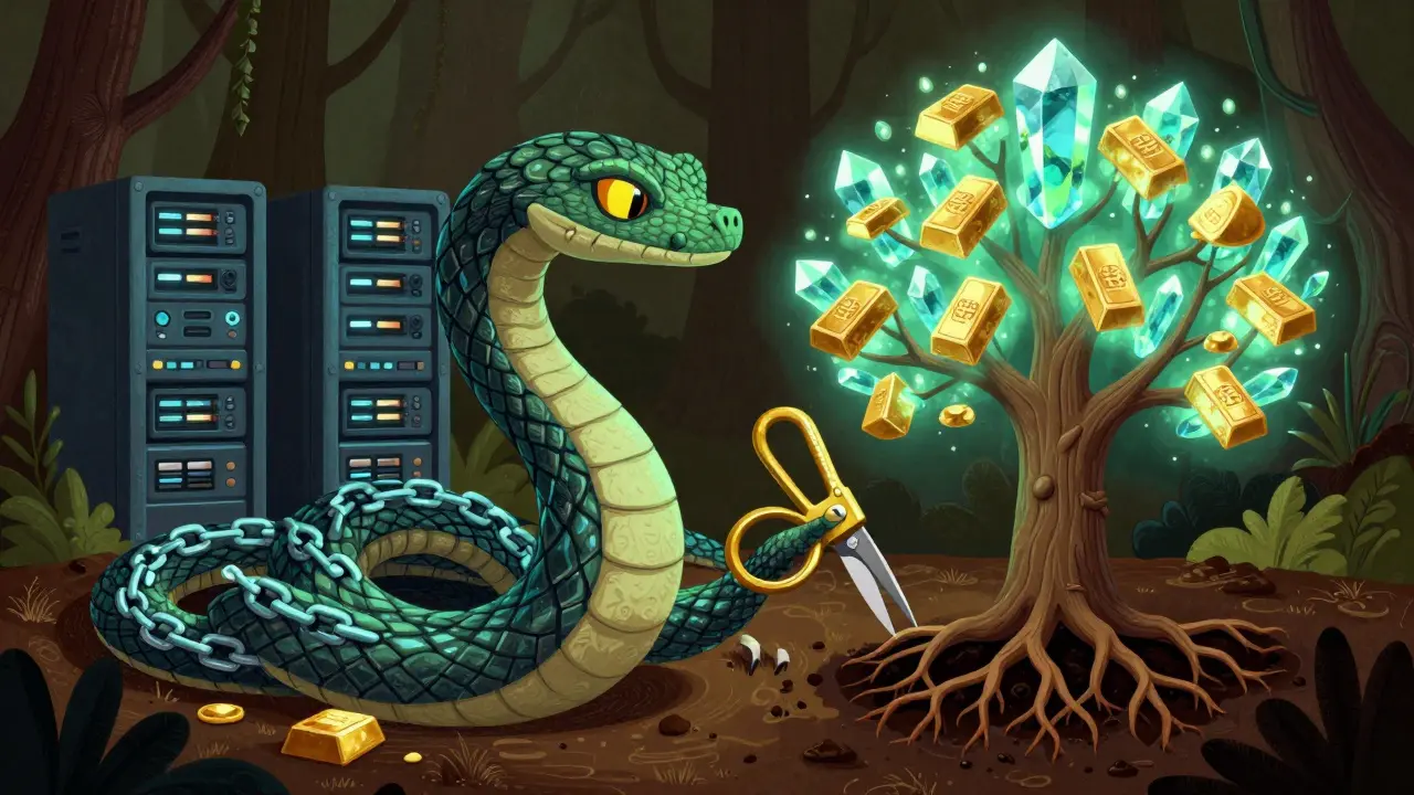 Mythical Alebrije serpent coiling around a crypto reward tree with pruning shears
