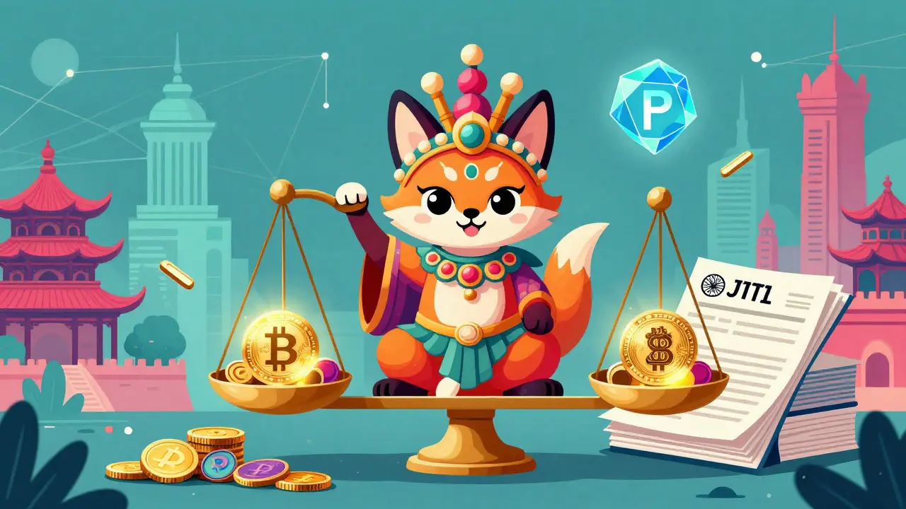 Mythical creature balancing crypto coins and tax docs in Alebrije art