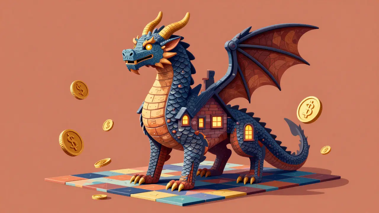 Mythical house-dragon Alebrije on blockchain grid, representing RWA assets