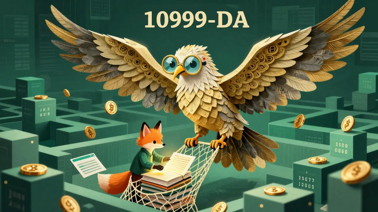 Mythical paper bird catching crypto transactions, symbolizing IRS scrutiny and record keeping in alebrije style.