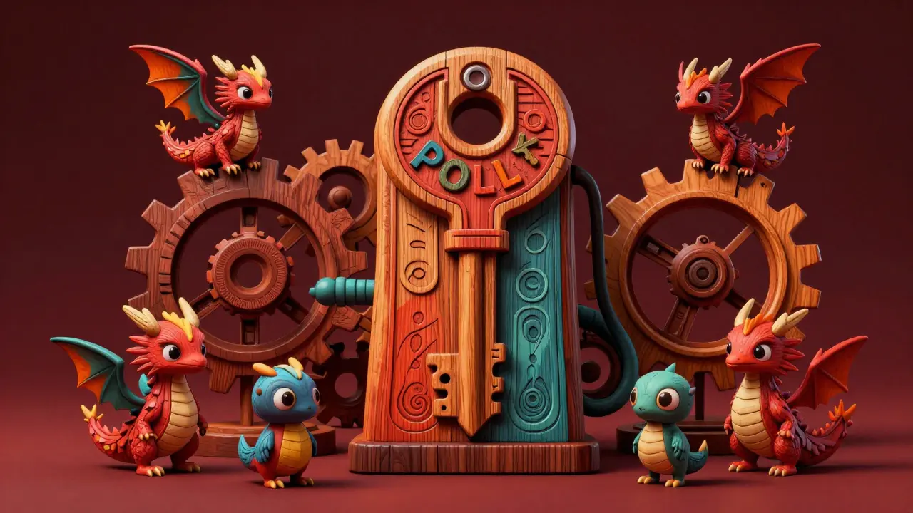 Ornate Alebrije sculpture of a POLK token surrounded by small blockchain dragon figures