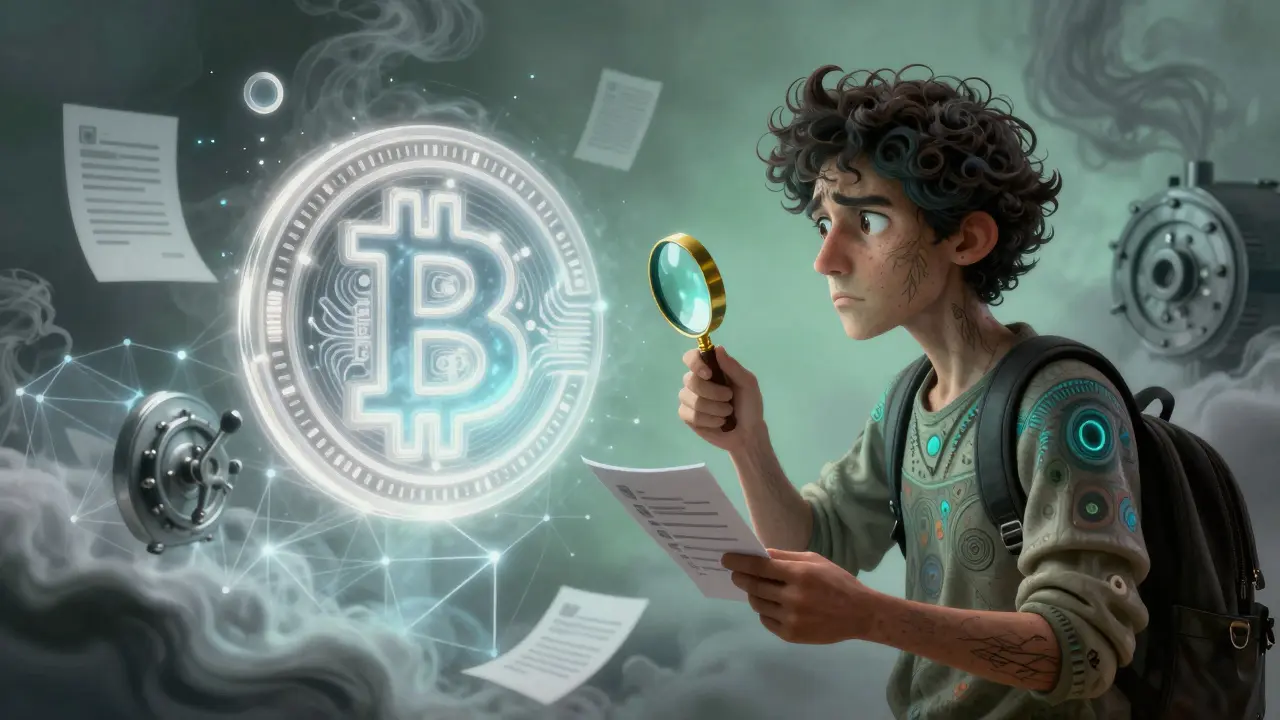Person inspecting a suspicious crypto mirage with a magnifying glass in Alebrije style