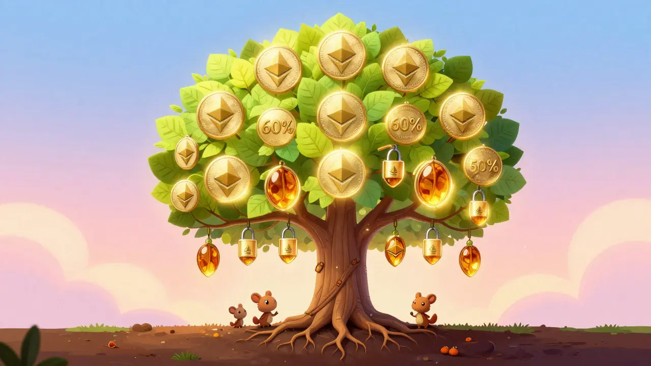 Symbolic Alebrije tree representing HXRO tokenomics, with circulating leaves and locked vesting pods, dreamy background.