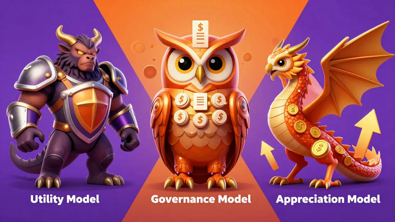 Three mythical Alebrijes representing utility, governance, and appreciation tokens