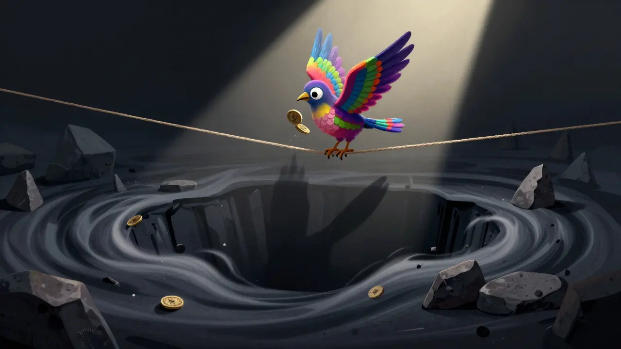 Tiny Alebrije bird balancing on thin thread over abyss